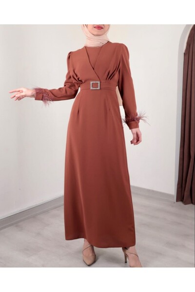 Modamorfo Φόρεμα με αγκράφα με φτερό μανίκι με λεπτομέρεια διπλής στρώσης μπροστά - μαύρισμα