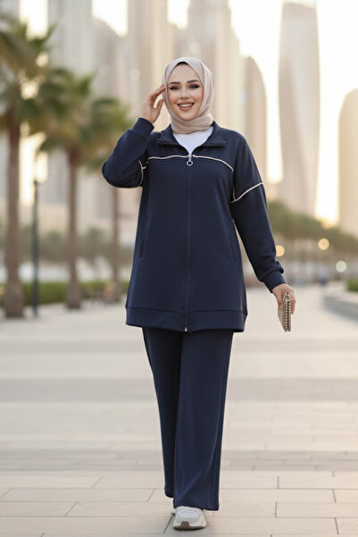 N.S NEVA STYLE Zippered Navy Blue Hijab Double Set 13231L