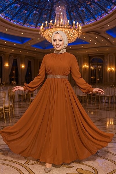 Neva Style Pleated Tan Hijab Evening Dress 25888Tb