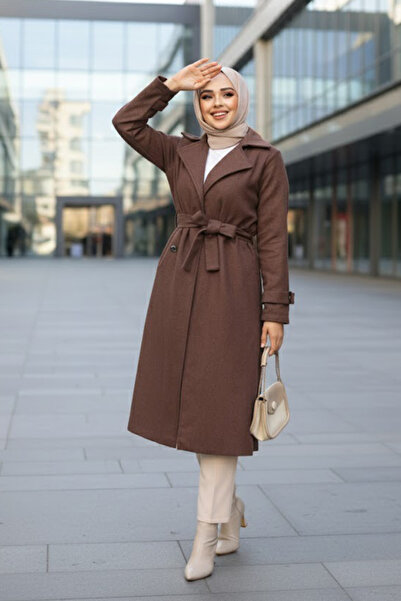 Neva Style Belted Brown Hijab Coat 61210Kh