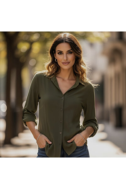 Exve Exclusive Khaki Green 100% Cotton Woven Basic Long Sleeve Women's Shirt