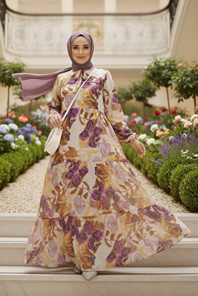 Neva Style Lilac Hijab Chiffon Dress - Floral Print, Model No: 23604Lila