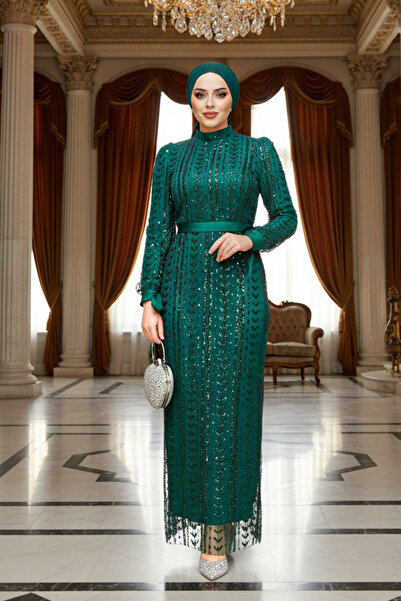 Neva Style Beading Embroidered Emerald Green Hijab Evening Dress 4891Zy