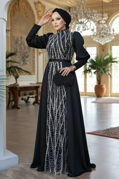 N.S NEVA STYLE - Μαύρο Μουσουλμανικό Βραδινό Φόρεμα με Κεντημένη Πίσω Παρτίδα...