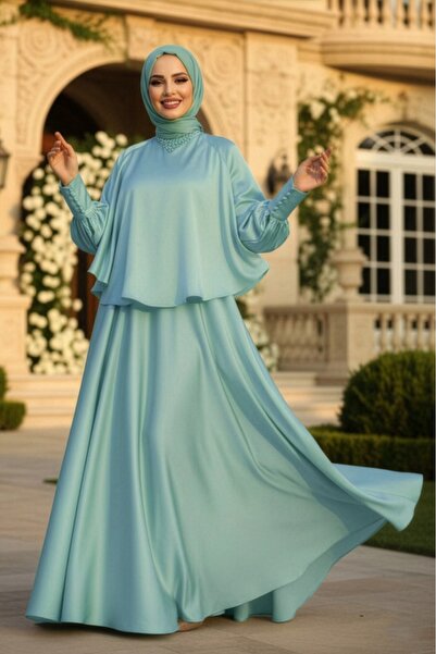 Neva Style Βραδινό φόρεμα με μανδύα Mint Hijab 6051MINT