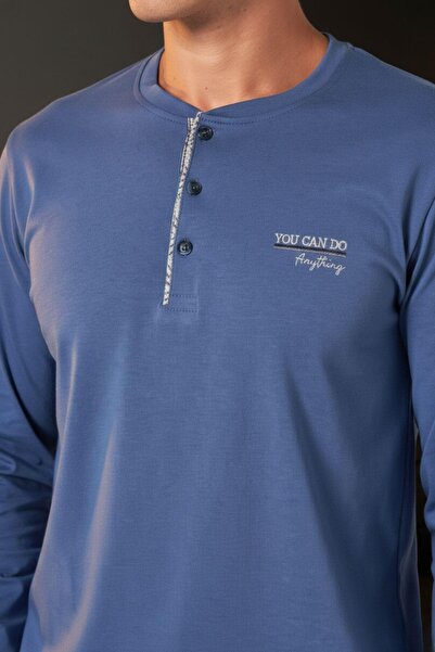 PİJAPİA Men's Long Sleeve Pajama Set Blue 100% Cotton