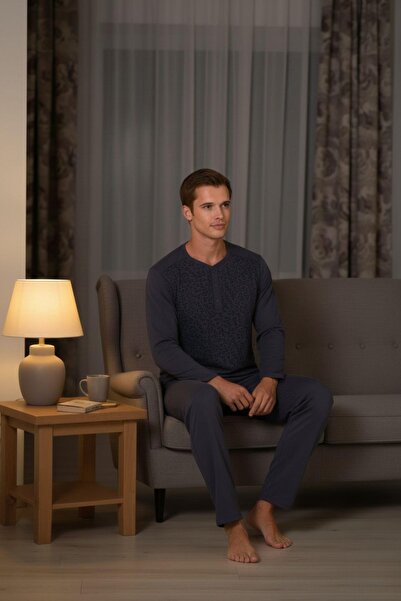PİJAPİA Plus Size Men's Anthracite Long Sleeve 100% Cotton Pajama Set Comfortable and Soft Texture