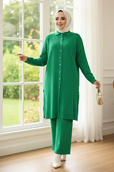 N.S NEVA STYLE Set de două piese din tricot verde cu guler 34181Y