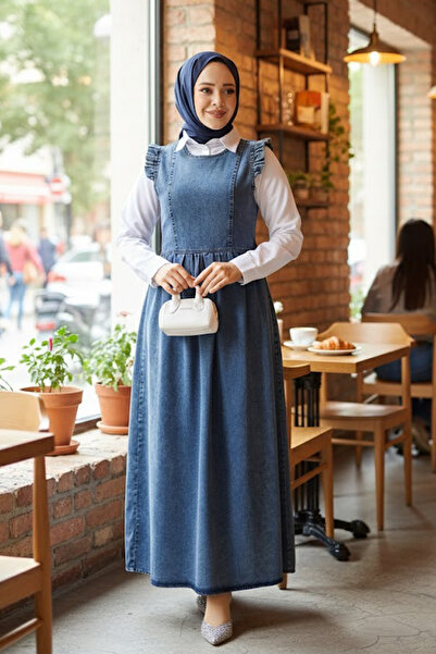 Neva Style Σκούρο Μπλε Μουσουλμανικό Φόρεμα Gilet - Τζιν 19134KM