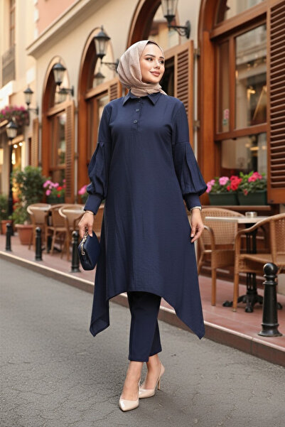 N.S NEVA STYLE Asymmetrical Detailed Navy Blue Hijab Tunic 615L
