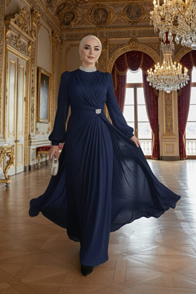 Neva Style Drape Detailed Navy Blue Hijab Evening Dress 50581L