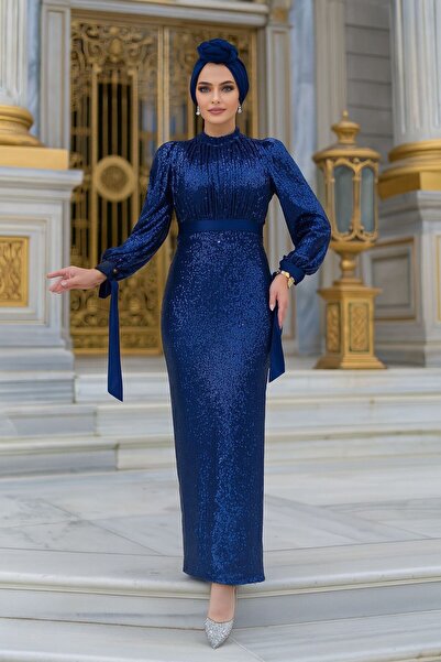 Neva Style Βραδινό φόρεμα Hijab με παγιέτες σε μπλε ναυτικό χρώμα 4667L