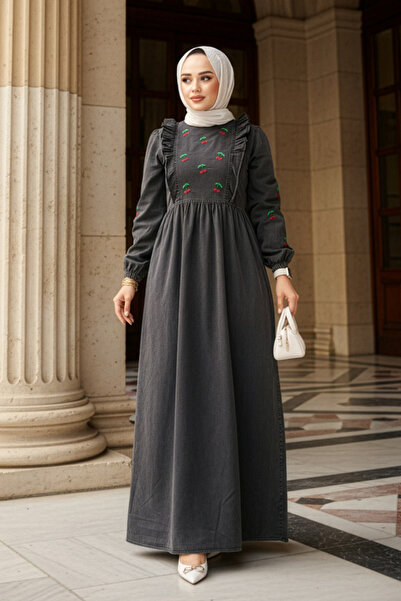 Neva Style Τζιν φόρεμα Hijab με σχέδιο Cherry Anthracite 19146ANT