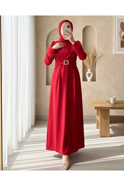 Modamorfo Csatos öv ujjú toll részlet dupla rétegű elülső ruha - piros