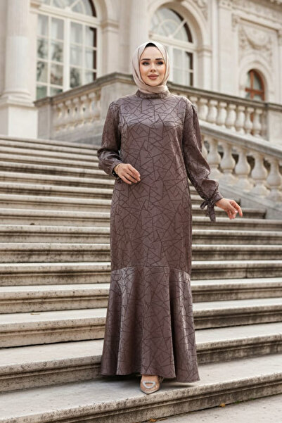 N.S NEVA STYLE Patterned Mink Hijab Satin Dress 4457V