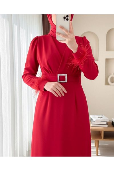 Modamorfo Csatos öv ujjú toll részlet dupla rétegű elülső ruha - piros