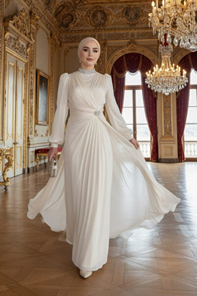 Neva Style Drape Detailed Ecru Hijab Evening Dress 50581E