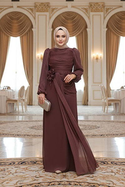 Neva Style Drape Detailed Brown Hijab Evening Dress 51203Kh
