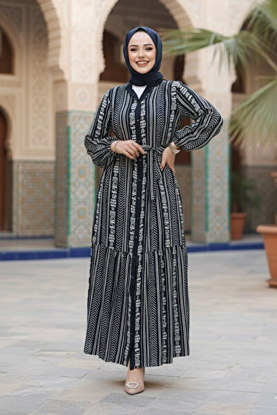 Neva Style Patterned Navy Blue Hijab Dress 23921L