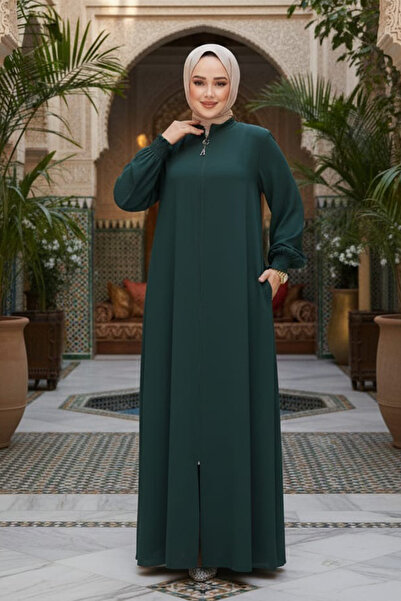 Neva Style Emerald Green Zippered Hijab Ferace - 45287Zy