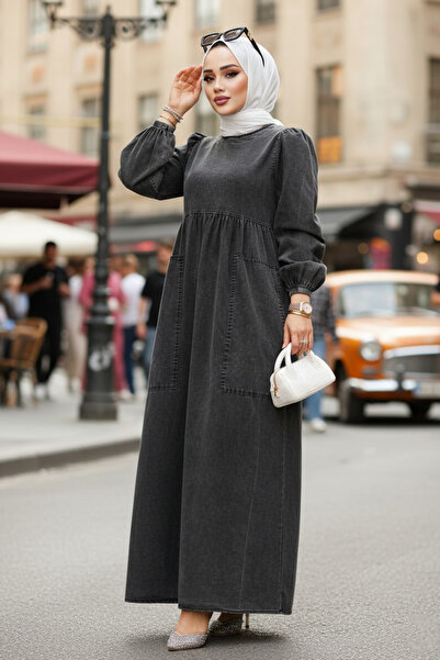 Neva Style Ανθρακί Χρώμα Τζιν Hijab Φόρεμα - 19122ANT