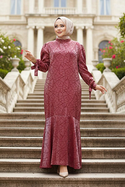N.S NEVA STYLE Patterned Burgundy Hijab Satin Dress 4457Br