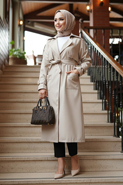 N.S NEVA STYLE Ζακέτα Μπεζ Hijab με ζώνη 10701BEJ