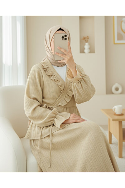 Modamorfo Kimono Set with Ruffled Collar and Tie Front Skirt - Light Mink