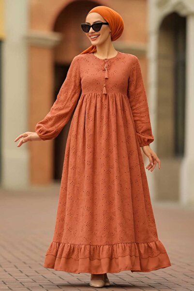 Neva Style Tan Laced Hijab Dress - 23201TB