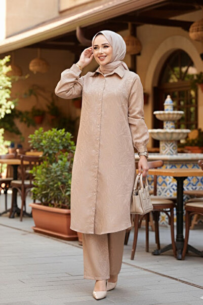 N.S NEVA STYLE Set dublu Hijab bej-gri cu model 12981V