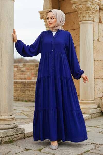 Neva Style Φόρεμα Navy Blue Hijab Διπλό Πλισέ - 20612L