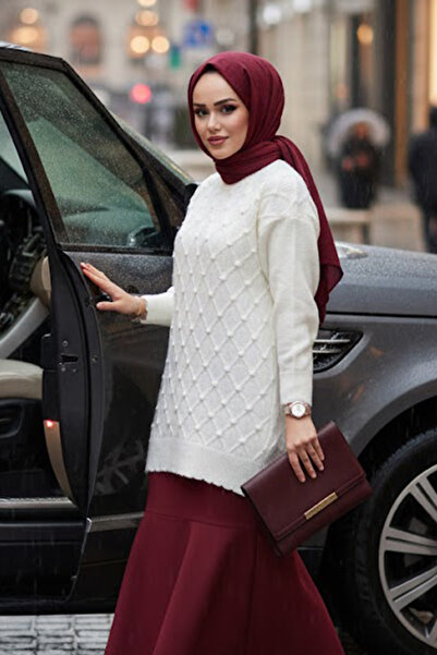 N.S NEVA STYLE Baklava Patterned Ecru Hijab Knitwear Sweater Tunic 85161E