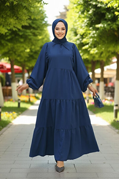 Neva Style Balloon Sleeve Indigo Blue Hijab Poplin Dress 57349Im