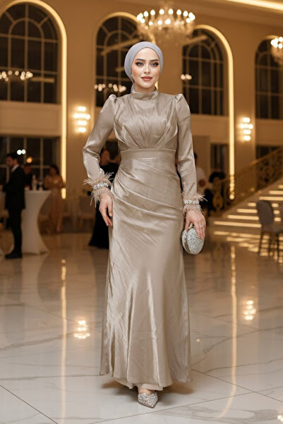 Neva Style Feather Detailed Beige Hijab Evening Dress 50481Bej
