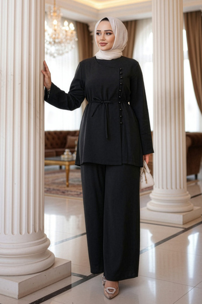 N.S NEVA STYLE Μαύρο Μαντίλι με κουμπιά Διπλό Σετ 30431S