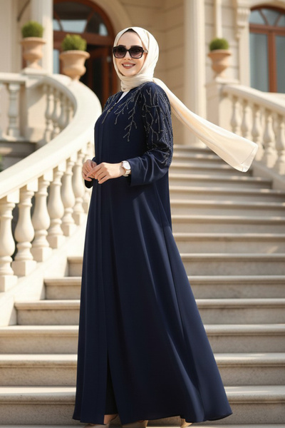 Neva Style Bead Embroidered Light Navy Blue Hijab Abaya 29110Al
