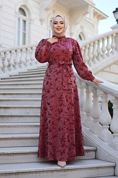 N.S NEVA STYLE Φόρεμα με σχέδιο Βουργουνδίας Hijab Satin 52921BR