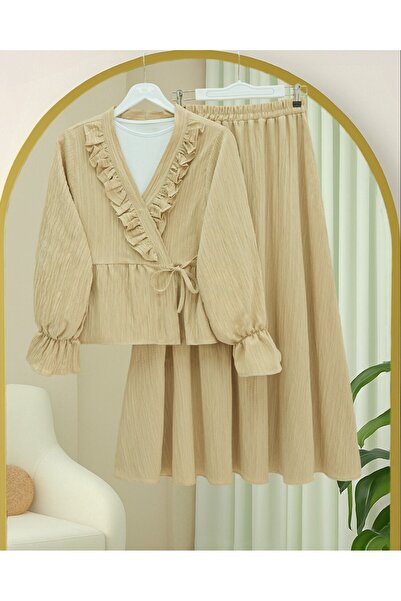 Modamorfo Kimono Set with Ruffled Collar and Tie Front Skirt - Light Mink