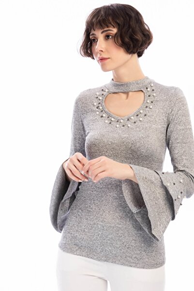 Cotton Mood 8490960 Yumoş Collar Sleeve Pearl Volant Blouse Gray