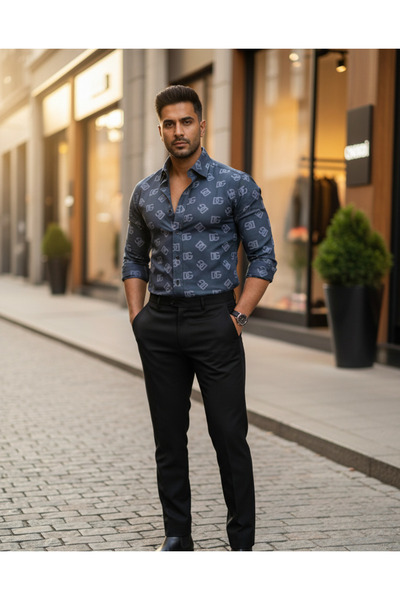 YusGos Long Sleeve Cotton Easy Iron Self Letter Pattern Regular Fit Premium Men's Shirt Black 3XL