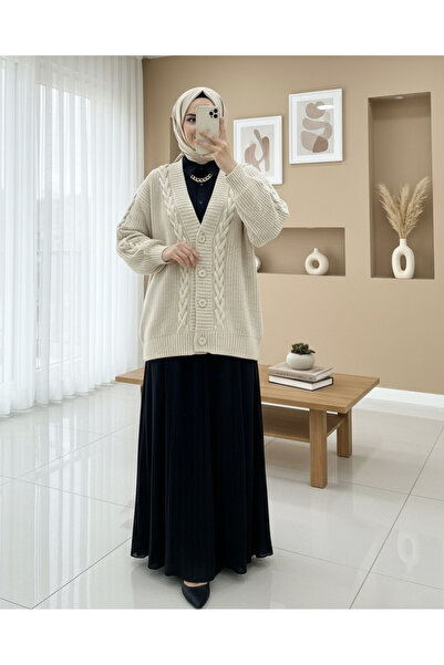 Modamorfo Winter Cardigan with Knitted Chain Detail - Stone