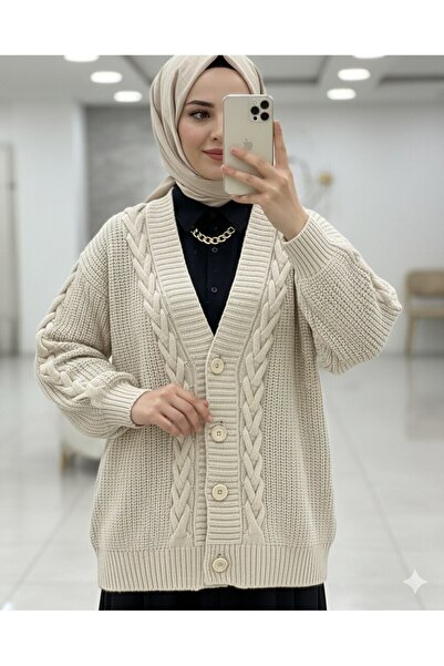 Modamorfo Winter Cardigan with Knitted Chain Detail - Stone