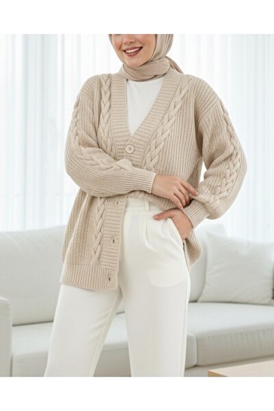 Modamorfo Winter Cardigan with Knitted Chain Detail - Stone