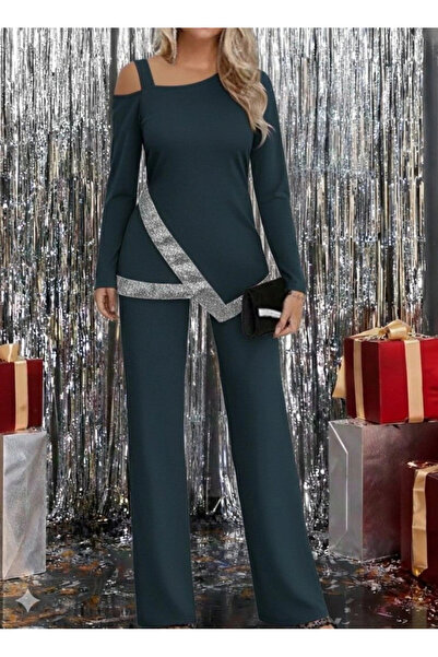 Butik Women's One-Shoulder Open Long-Sleeved Front Sequined Imported Crepe Blouse and Pants