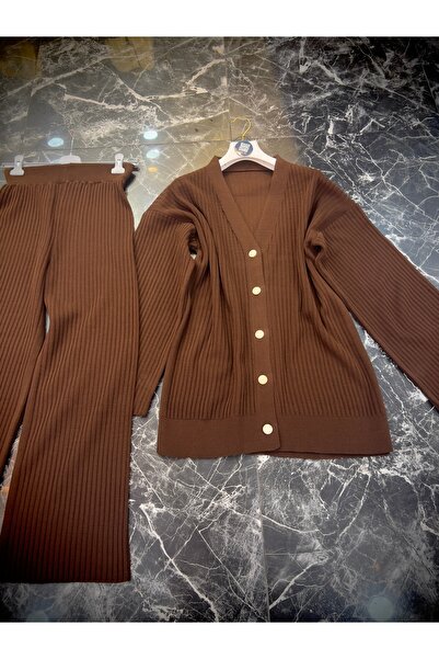 MY QILAM Γυναικείο Σετ Πλεκτό Χιτζάμπ Κερασί Κεντημένο Ζακέτα με Φούστα Σετ Καφέ