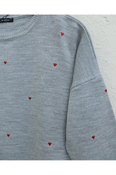 Modamorfo Heart Embroidered Crew Neck Knit Tunic - Gray