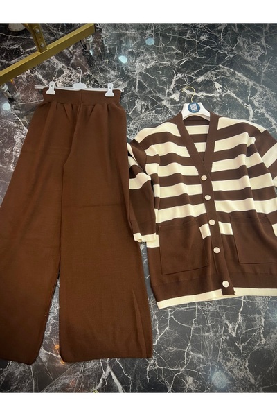 MY QILAM Γυναικείο Σετ Χιτζάμπ Κάτω και Πάνω Μέρος Ριγέ με λαιμόκοψη σε σχήμα V με χρυσό κουμπί Λεπτομερές Ζακέτα Παντελόνι Πλεκτό Σετ Καφέ