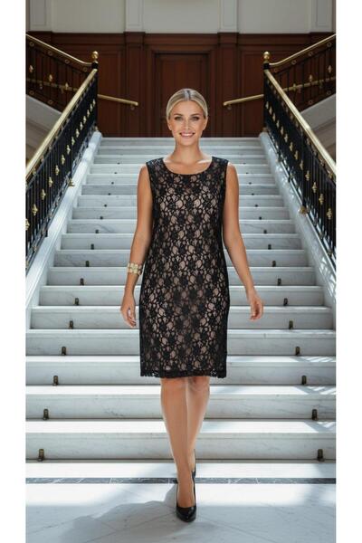 Nidya Moda Büyük Beden Dantel Kaplama Vizon Abiye Elbise-4009v