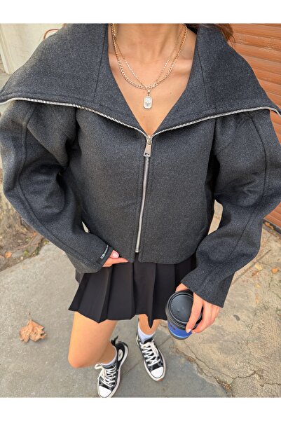 Perryes Norra Smoked Women's Short Coat - Wide Neckline and Zipper