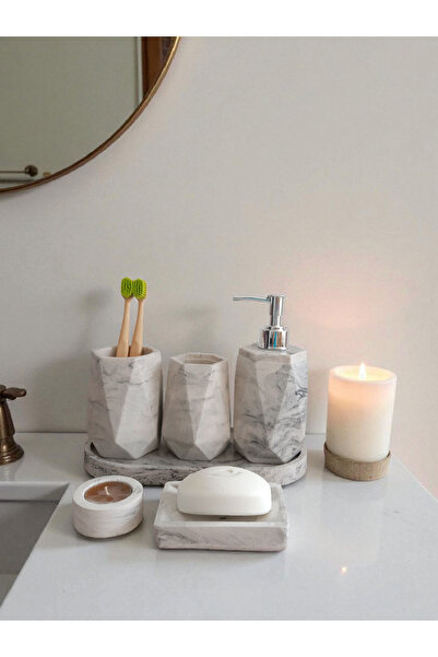 Trust Stone Set de baie din beton cu model de marmură, dozator de săpun lichid, suport pentru periuță de dinți, suport pentru urechi, dozator de săpun solid și suport pentru lumânări